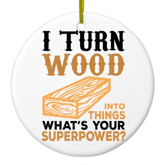 DistinctInk Hanging Ceramic Christmass Tree Ornament with Gold String - Great Gift / Present - 2 3/4 inch diameter - Turn Wood into Things What's Your Superpower