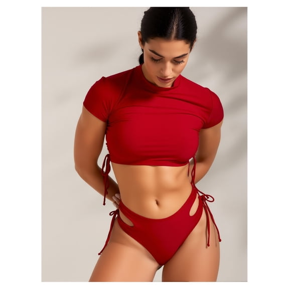 Drawstring Bikini Set String Swimsuit Short Sleeve Top Tie Side Bottom 2 Piece Swimwear for Women Teen Girls Bathing Suit