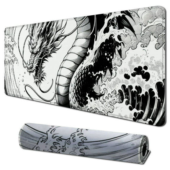 Black and White Japanese Wave Dragon Gaming Mouse Pad - Abstract Mat with Non-Slip Rubber Base, Stitched Edges - Desk Pad for Office and Home