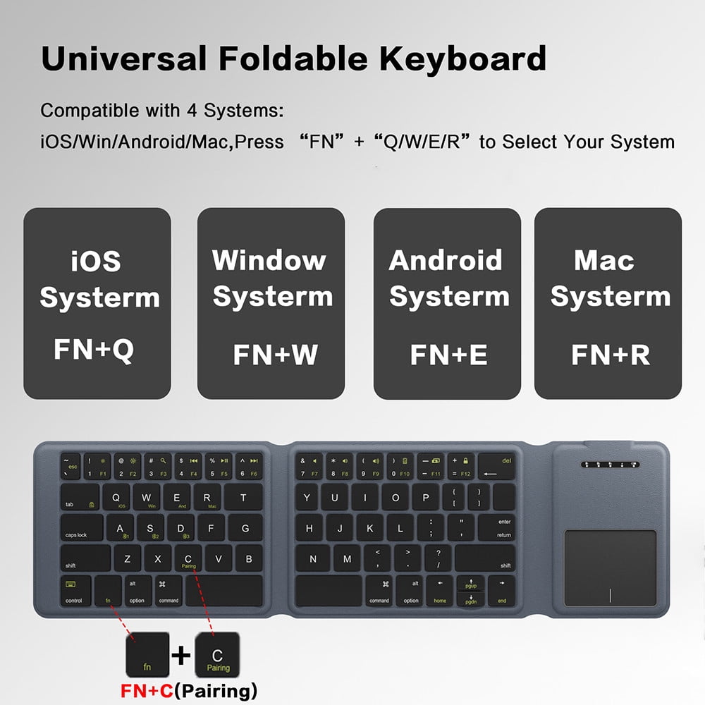 Folding Bluetooth Keyboard with Leather Case, Rechargeable Wireless Keyboard Built-in Touchpad & Left/Right Buttons