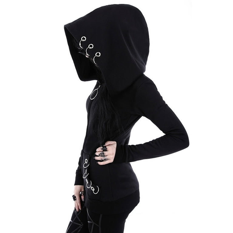 JWZUY Women Punk Gothic Y2K Zip Up Hoodie O Ring Decor Jacket Aesthetic Harajuku Hooded Sweatshirts Oversized Long Sleeve Sweatshirt Coat Black XXXXL