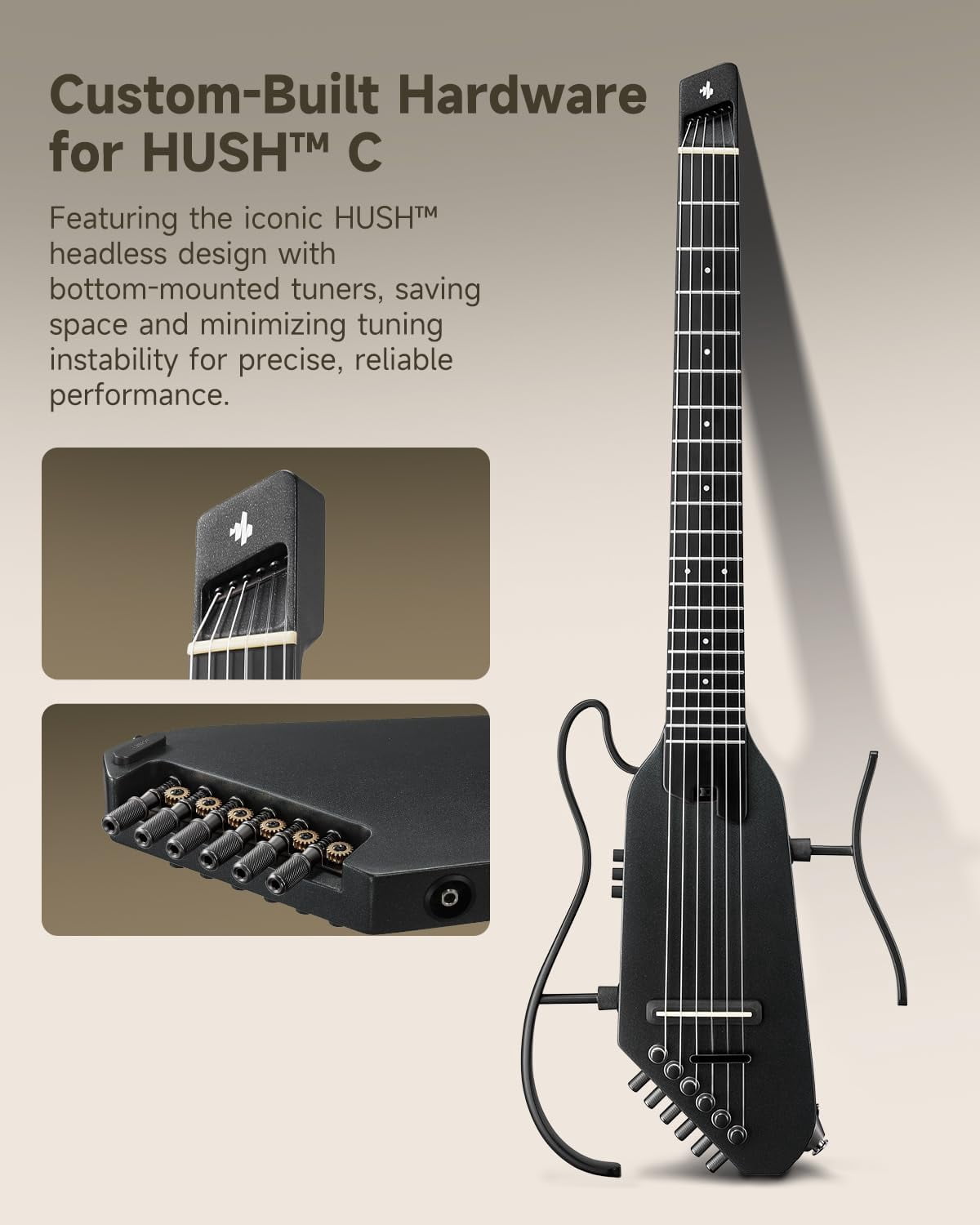 Donner HUSH C Acoustic-Electric Nylon String Classical Guitar– Ultra-Lightweight Travel Guitar with Built-In Tuner, HPS-II Preamp, Headphone Jack & Quick-Release Stand – Black