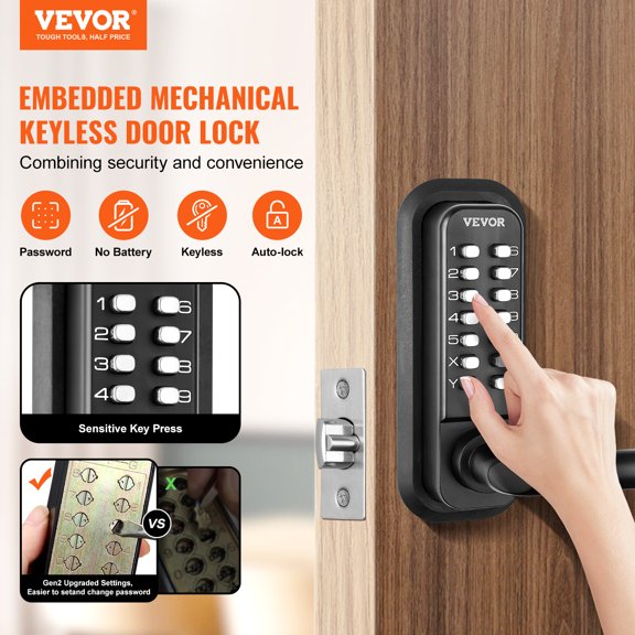 VEVOR Cerradura mecánica para puerta de entrada sin llave, teclado de 14 dígitos, juego de cerraduras integradas para puerta exterior con teclado y manija, aleación de zinc resistente al agua, fácil d