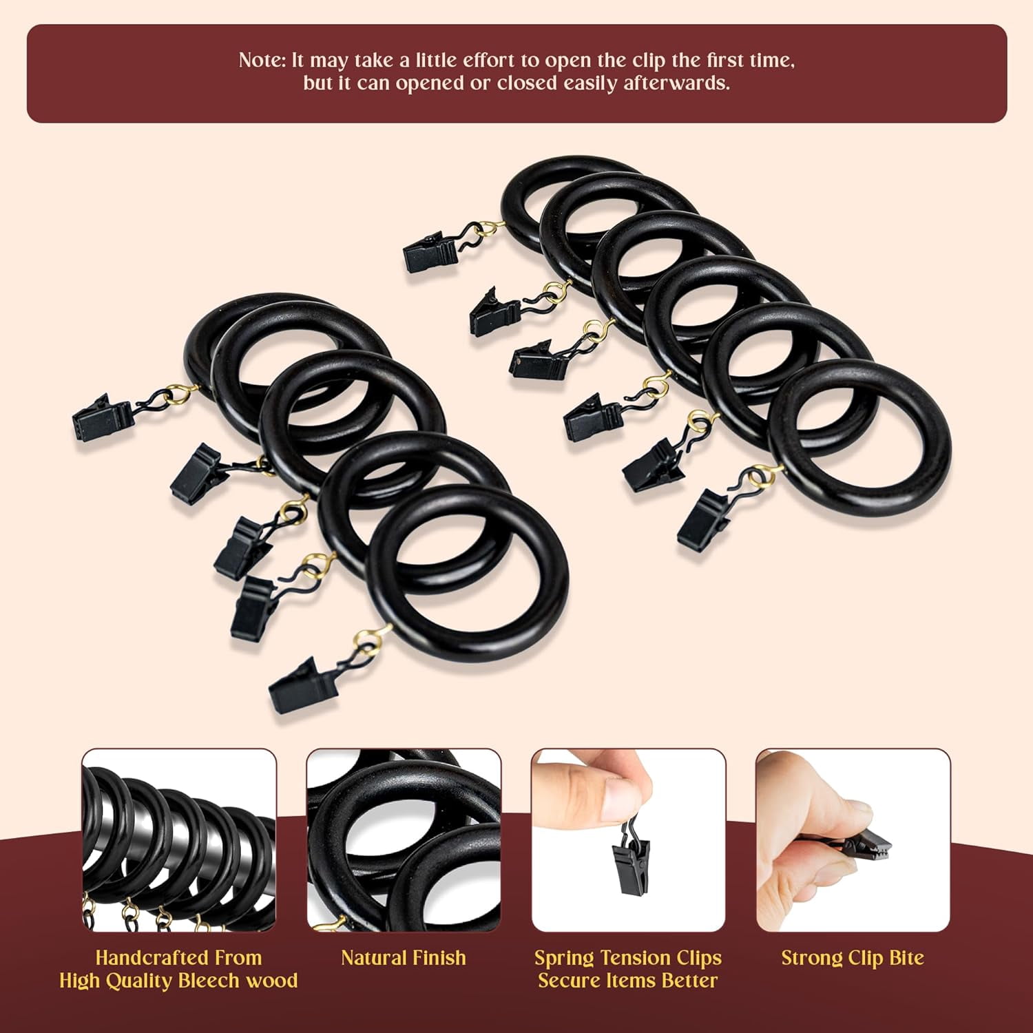 Black Curtain Clip Rings with Hooks – Polished Shower & Drapery Rings – 3 Inch Outer, 2.2 Inch Inner Diameter – Set of 12