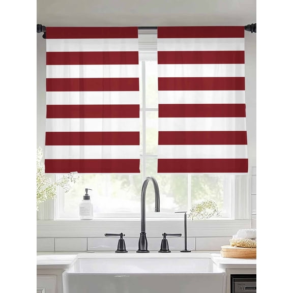 Red and Sheer Curtains 45 inches Long 2 Panels Set White Stripe Tiers Sheers Rod Pocket Small Window Short Curtains for Kitchen Cafe, Each 52" W x 45" L