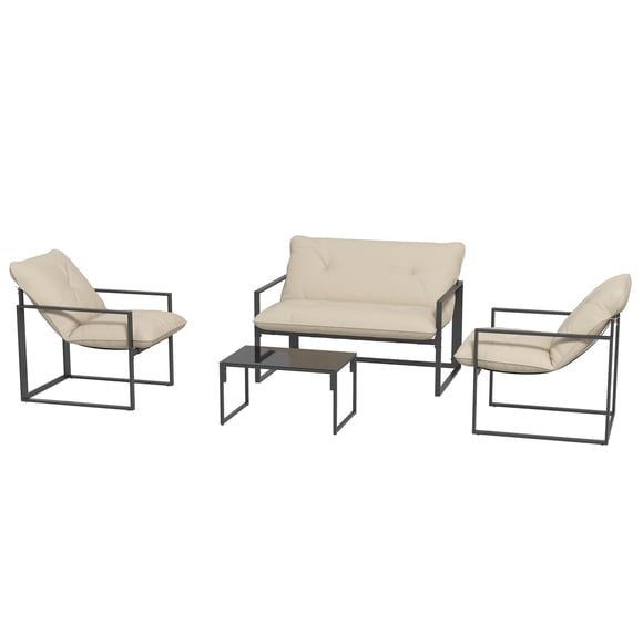4 Piece Outdoor Patio Furniture Set, Steel Frame Conversation Set with Tempered Glass Table, Loveseat, 2 Armchairs and Beige Cushions for Garden, Backyard, Porch, or Balcony