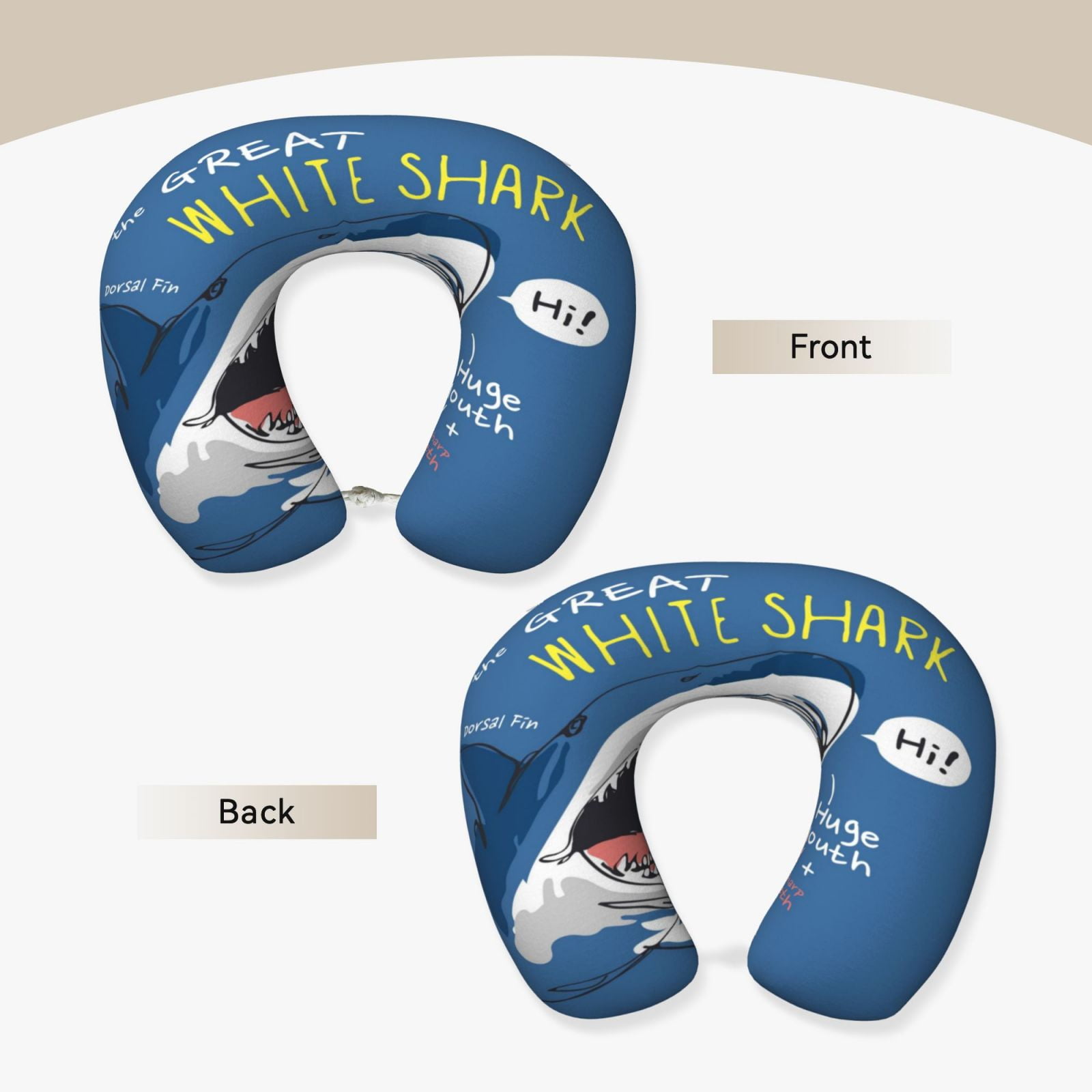 Xecao Great White Shark Print Memory Foam Cervical Neck Pillow Versatile U-Shaped Pillows for Home,Office,Camping,Travelling,Soft Washable Cover