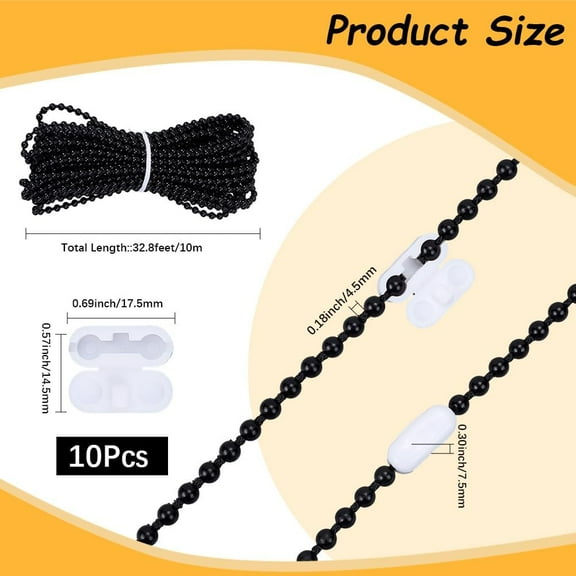 10M/10.94 Yards 4.5mm Curtain Chain Beads Blind Bead Connector Plastic Black Small Roller Pull Strings Cord Extension Accessories for Replacement Repair Curtains Light Fan Roller Blind Shades