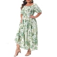 thumbnail image 6 of GRACE & GRANDEUR Women's Plus Size Short Sleeves Square Neck Smocked Boho Floral Maxi Dresses 3X Green, 6 of 8