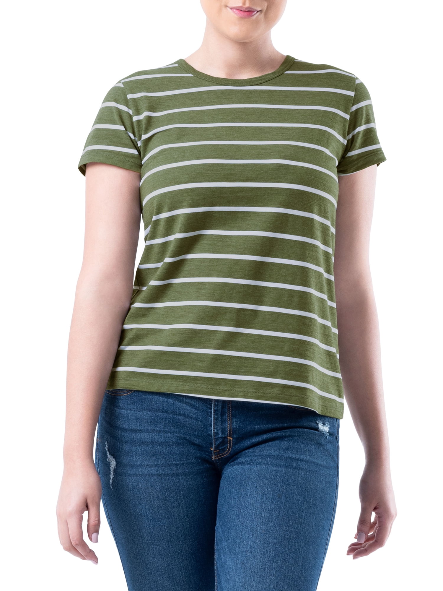 Time and Tru Womens Striped Short Sleeve Slub Crew Neck T-Shirt, 2-Pack