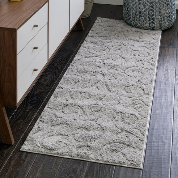 Unique Loom Floral Shag Collection Area Rug - Carved (2' x 6' 9" Runner Light Gray)