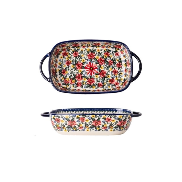 Bohemian Daisy Pattern Ceramic Baking Bowl with Double Handles, Oven Safe Multipurpose Tableware for Home Kitchen Baking & Daily Meals