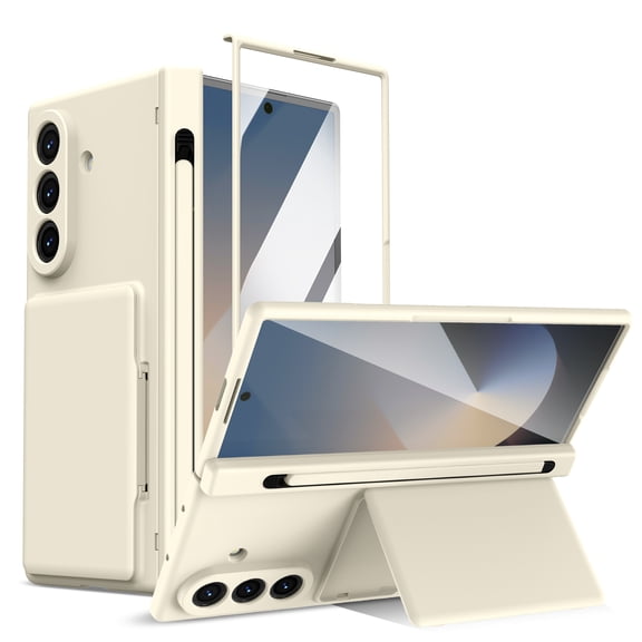 Case for Samsung Galaxy Z Fold 8 Ultra with Stylus / Stylus Holder, Tempered Glass Screen Protector Card Holder Hinge Protection Built-In Kickstand Protective Hard PC Cover, Apricot