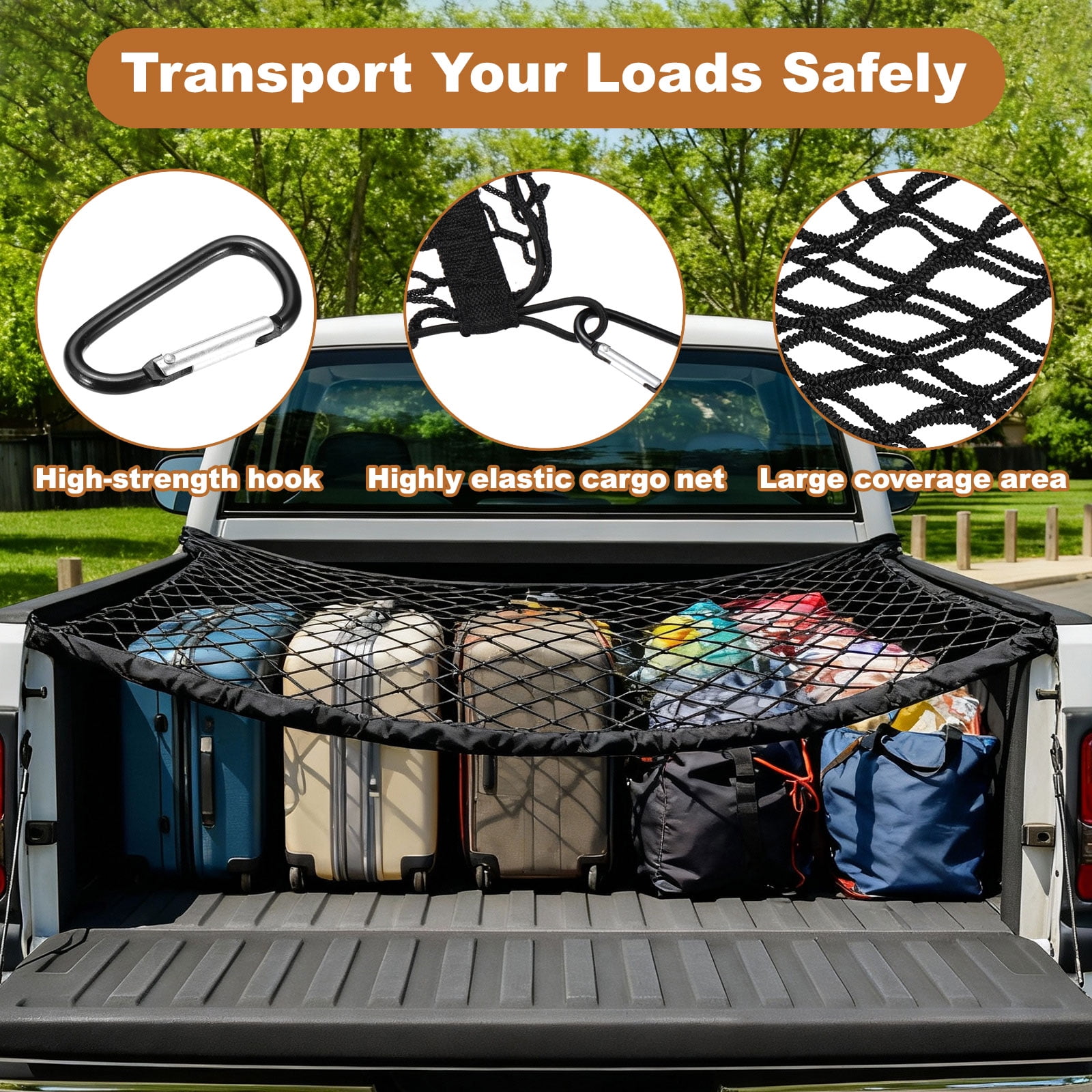 Uxcell Truck Cargo Net, 35 x 12 Inch Polyester Adjustable Trunk Bed Net Stretchable Mesh Storage Organizer with 8 Hooks Universal for Pickup Trucks SUV Cars, Black