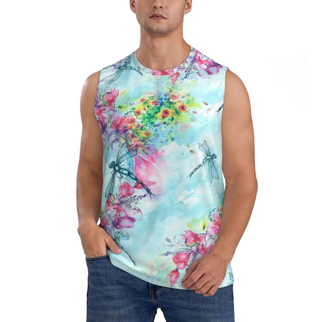 Balery Dragonfly Floral Camisetas sin mangas para hombre, absorbe la humedad y protege contra el mal olor.-Medium