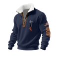 thumbnail image 2 of Men's Fleece Quarter Zip Sweatshirt, Cadet Collar Pullover with American Flag Print, Cozy No Hood Patriotic Sweater for Casual Wear, Daily Outfits Navy XXXL, 2 of 4