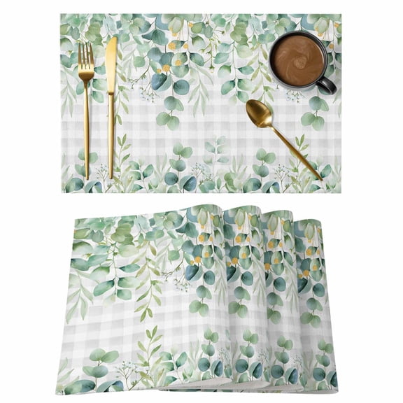 Sage Green Eucalyptus Leaf Placemats Set of 8, Spring Summer Botanical Plaid Non-Slip Place Mats Washable Table Mats for Kitchen Dining Table Decorations Indoor/Outdoor
