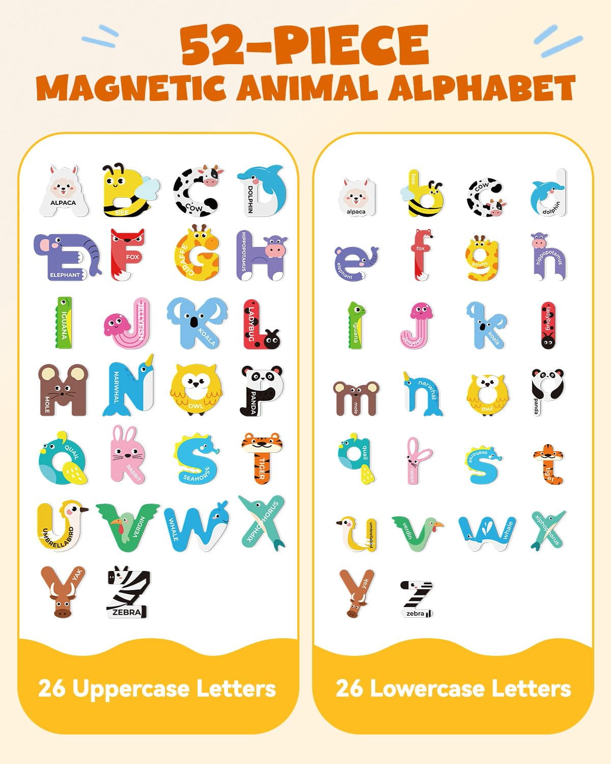 52 PCS Magnetic Letters, Large Cute Animal Alphabet Magnets for Fridge, Uppercase & Lowercase, Choke-Proof  Learning Toys Spelling