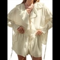 thumbnail image 3 of Conjuntos de Dos Piezas para Mujer, Camisa de con Larga, Peplum y Ribete de Encaje, Pantalones Cortos de Pierna , Conjuntos para Vacaciones y Viajes Beige S, 3 of 10