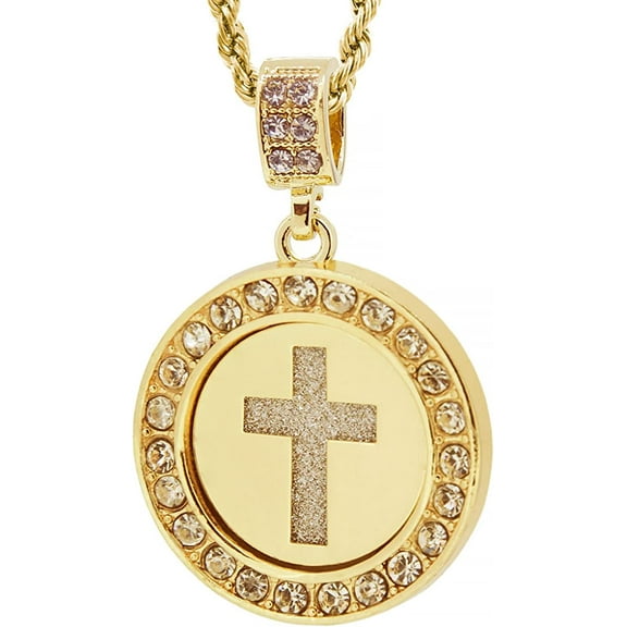 Gold Tone Round Cut Out Block Cross Pave Pendant 24" Rope Chain #2030