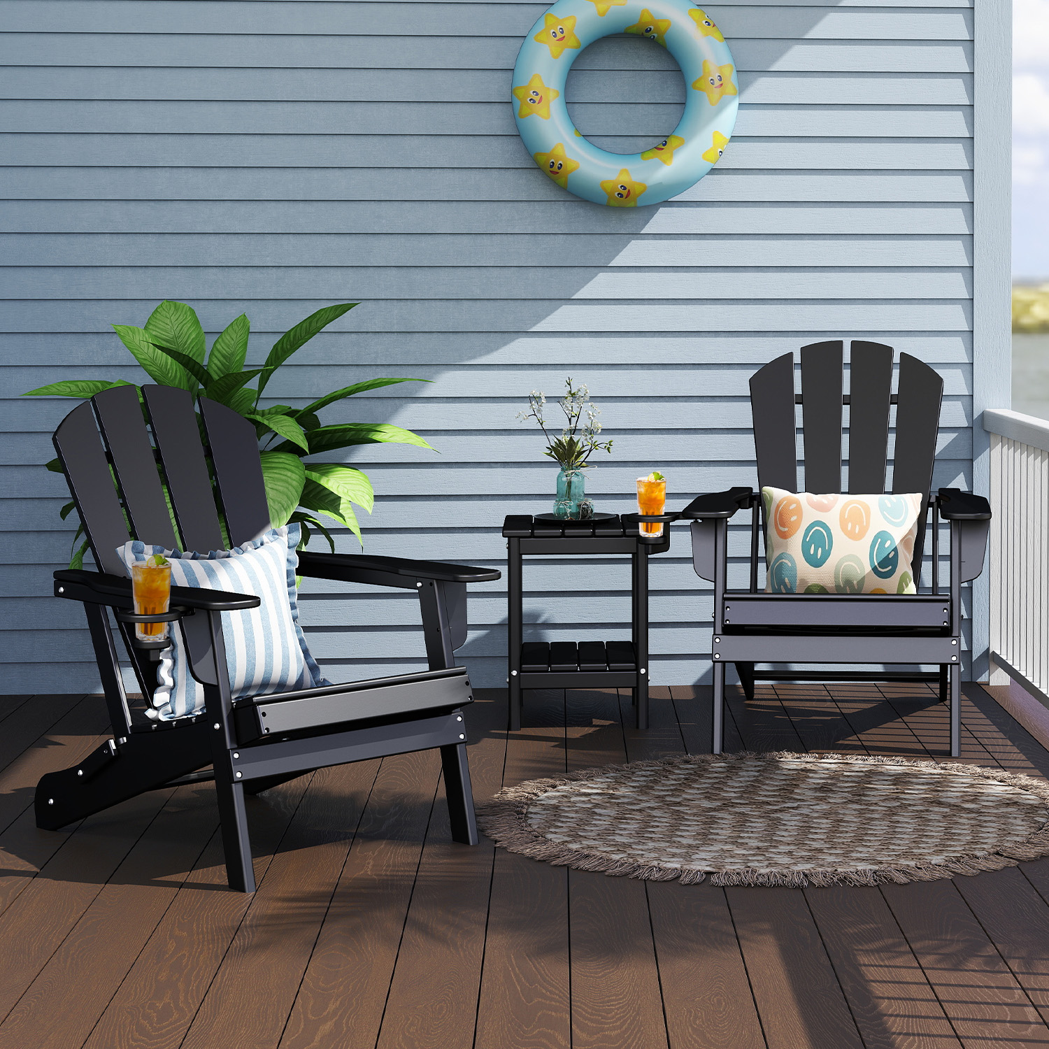 FURRYFECTION Folding Adirondack Chair Set of 2 with Cup Holder,All-Weather HDPE Outdoor Fir Pit Chairs for Patio Garden Backyard,Black