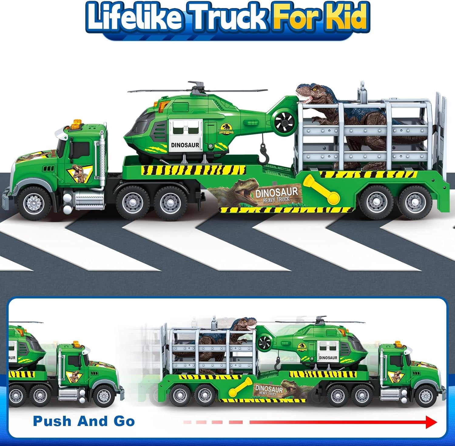 PMHZI 3-in-1 Dinosaur Truck Toy for Kids, Friction Powered Green Flatbed Carrier with Dino Transport, Lights & Sounds, Gift for Boys Ages 3+