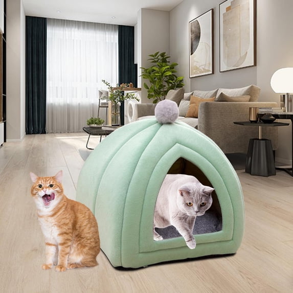 Cute Cat Bed Pet Tent with Removable Washable Cushion Semi Closed Winter