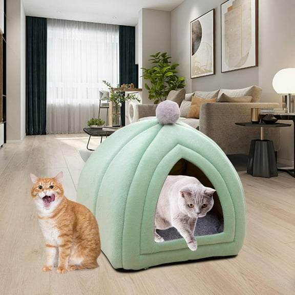 Cute Cat Bed Kennel Dog House Warm Sleeping Cushion Winter Velvet Sofa Semi Closed Nest Comfortable Kitten Cave Tent for Indoor Outdoor , green