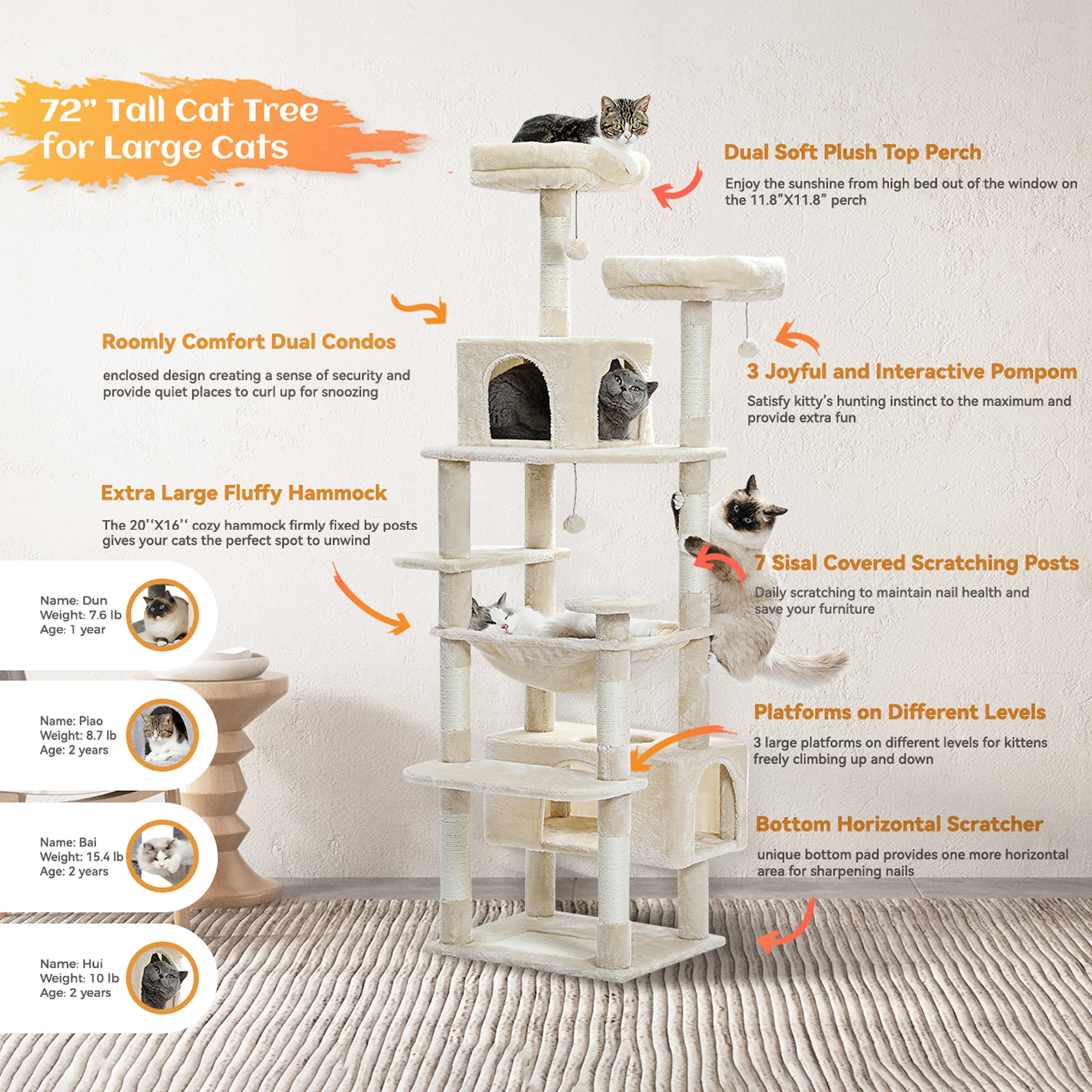 Pefilos 72" Cat Tree Tower for Large Cats, Indoor Cat Condo with Sisal-Covered Scratching Posts and Pads, 2 Padded Perch, Beige Pefilos 72" Cat Tree Tower for Large Cats, Indoor Cat Condo with Sisal-Covered Scratching Posts and Pads, 2 Padded Perch, Beige