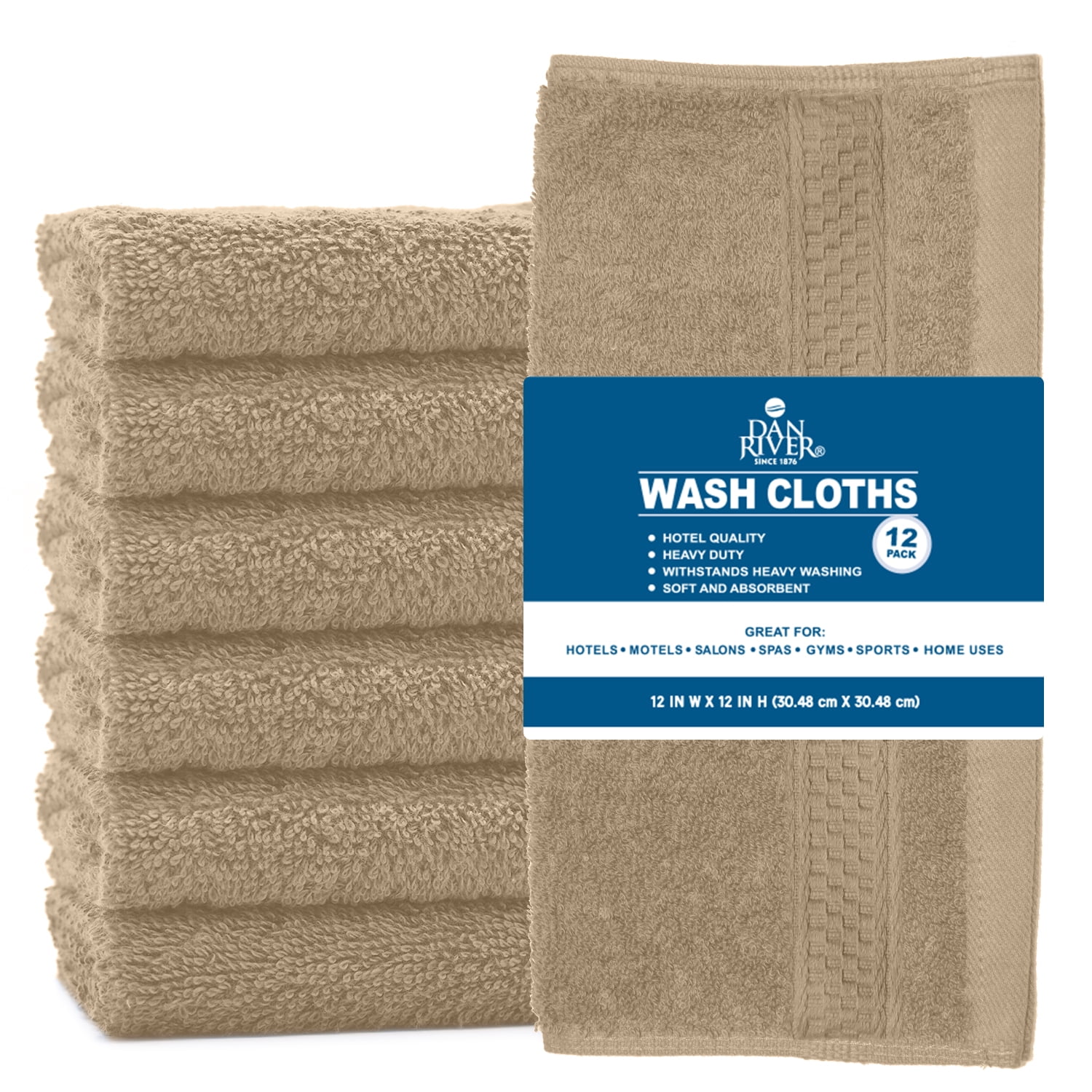 Dan River Washcloth for Face 12 pack Soft Absorbent and Quick Drying Durable Cotton Face Towel - Tan