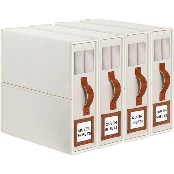 Bed Sheet Organizers and Storage 4 Pack (Queen & King Size), Foldable Sheet Organizers and Storage with Window and Label, Bed Sheet Organizer with Leather Handle, Beige