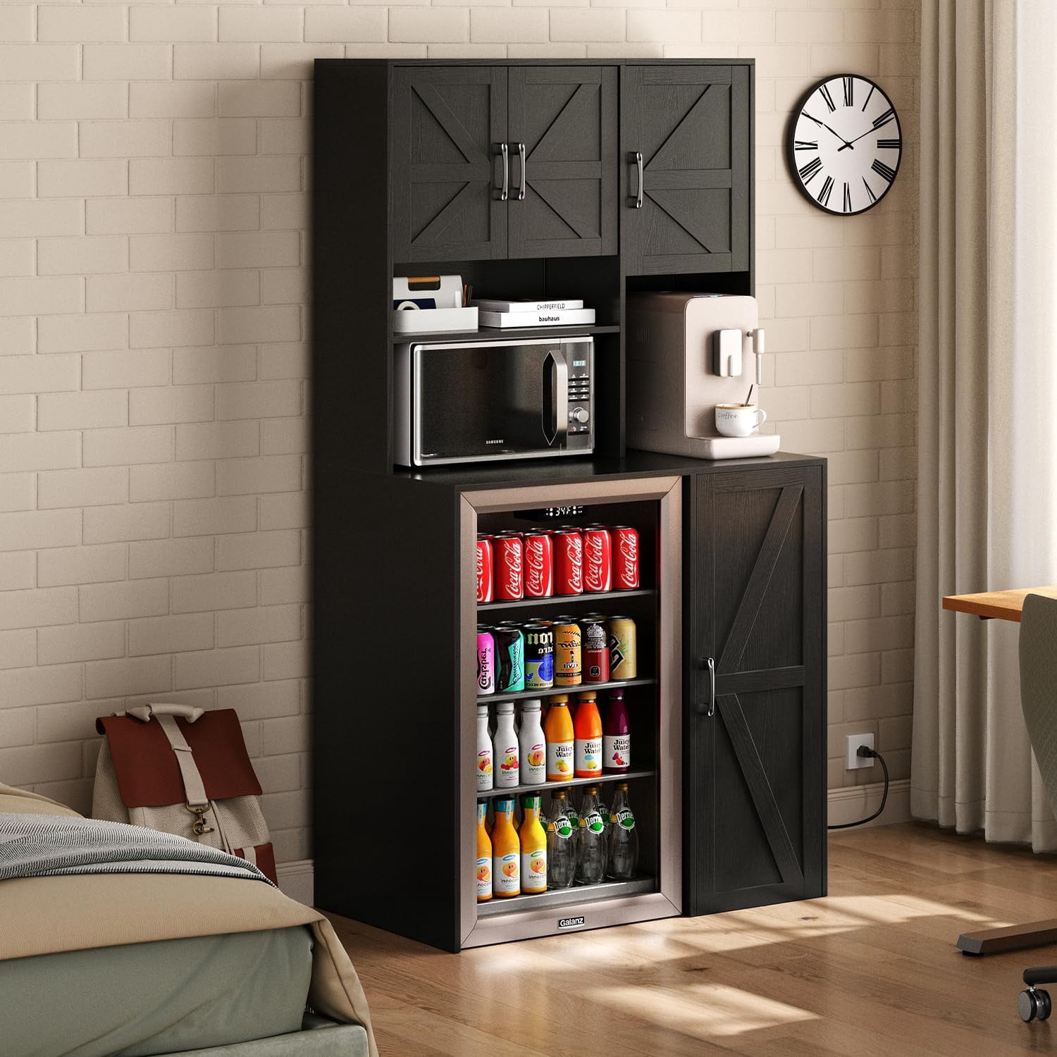 Mini Fridge Cabinet with Storage, Coffee Bar Cabinet with Mini Fridge Space and Outlet, Wine Bar Stand with Microwave Shelf, Beverage Station for Kitchen, Dorm, Office Black KH02MRB
