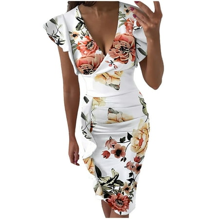 

cllios Bodycon Dress for Women Sexy V-neck Flowers Printing Slimming Ruffle Hem Ruched Sleeveless Dresses for women 2023