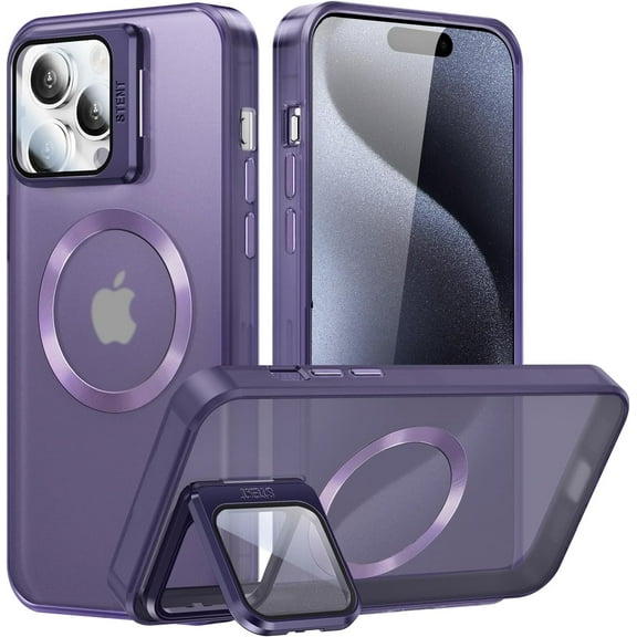 for iPhone 15 Pro Max Case Magnetic Case with Invisible Kickstand Camera Cover [Military Drop Protection] [MagSafe Compatible] Slim Translucent Shockproof Phone Case (Dark Purple)