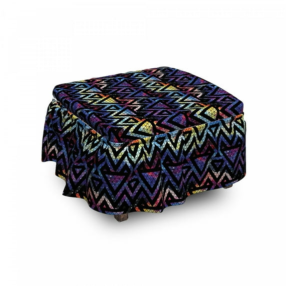 Geometric Ottoman Cover, Galaxy Theme Lines, 2 Piece Slipcover Set with Ruffle Skirt for Square Round Cube Footstool Decorative Home Accent, Standard Size, Multicolor, by Ambesonne