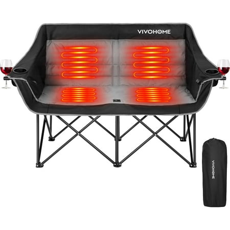 SPECSTAR Heated Double Camping Chair with Wine Glass Holders Oversized Portable Folding Loveseat with 12V 20W PD Fast Charging Type C Port 3 Levels of Heat NTC Overheat Protection System