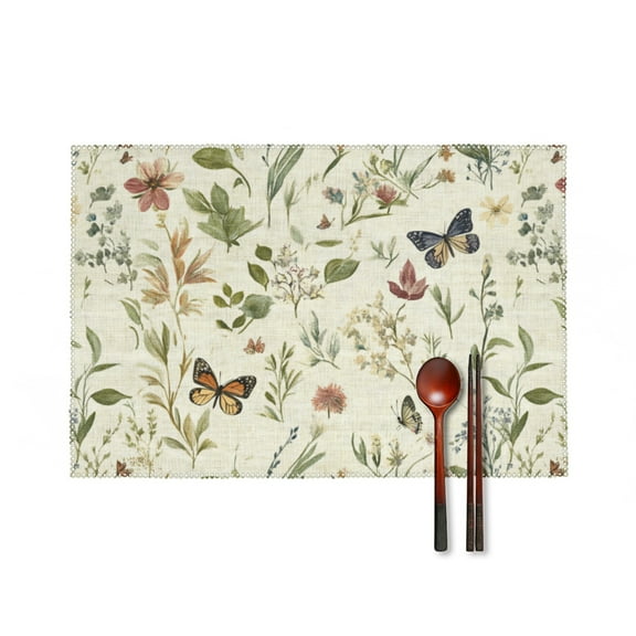 Botanical Print Placemats Set of 4, Heat-Resistant Butterfly Placemats for Dining Table, Washable Table Mats for Party Kitchen Decor, 18" x 12"