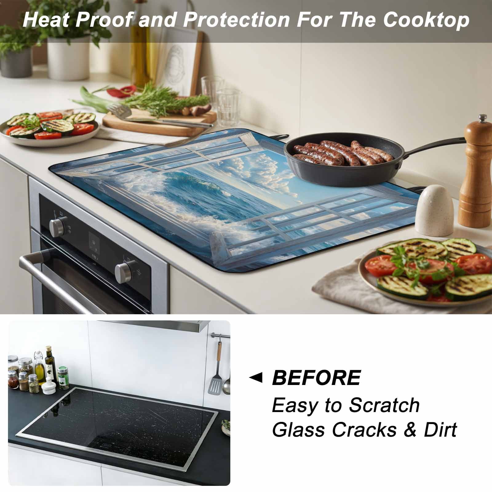 Coastal Stove Top Cover for Electric Stove, Heat-proof & Non Slip Glass Top Stove Cover Protector, Window Nautical Beach Blue Seaside Kitchen Flat Cooktop Rubber Mat 24x21 Inches