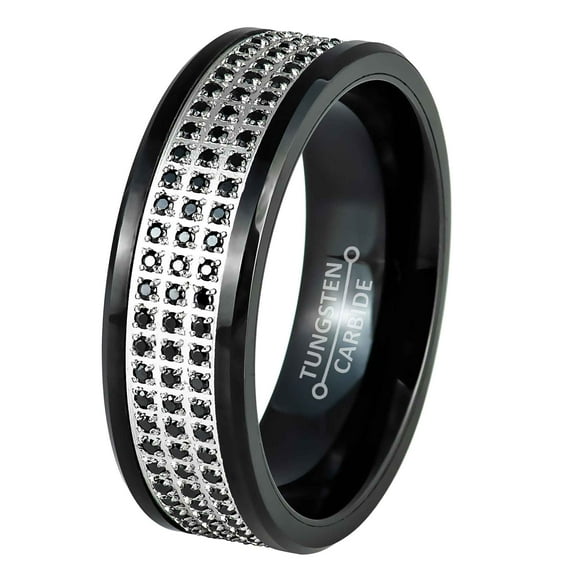 Jewelry Avalanche 3-row Black Cubic Zirconia Eternity Wedding Band, Tungsten Carbide, Men's Ring 8MM