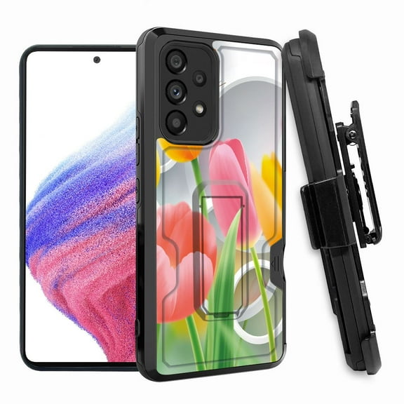ANJ  Rugged Shockproof Hoster Case w/Card Slot, Kickstand   Tempered Glass Cover for Samsung Galaxy A33 5G - Carnation Butterfly