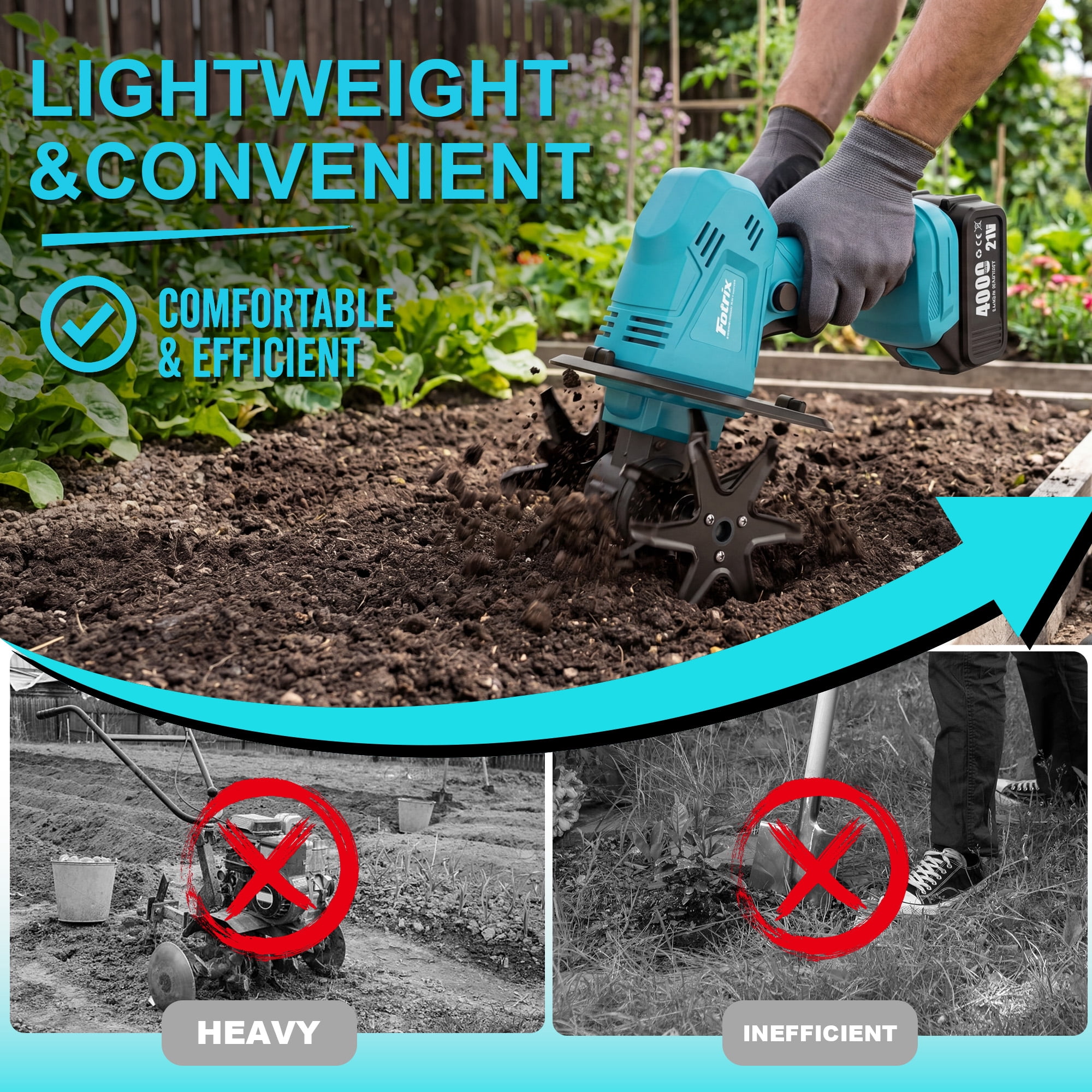 Cordless Garden Tiller Cultivator with 2 x 4.0Ah Batteries, Mini Handheld Electric Tiller for Soil Cultivation, Weeding & Raised Garden Beds