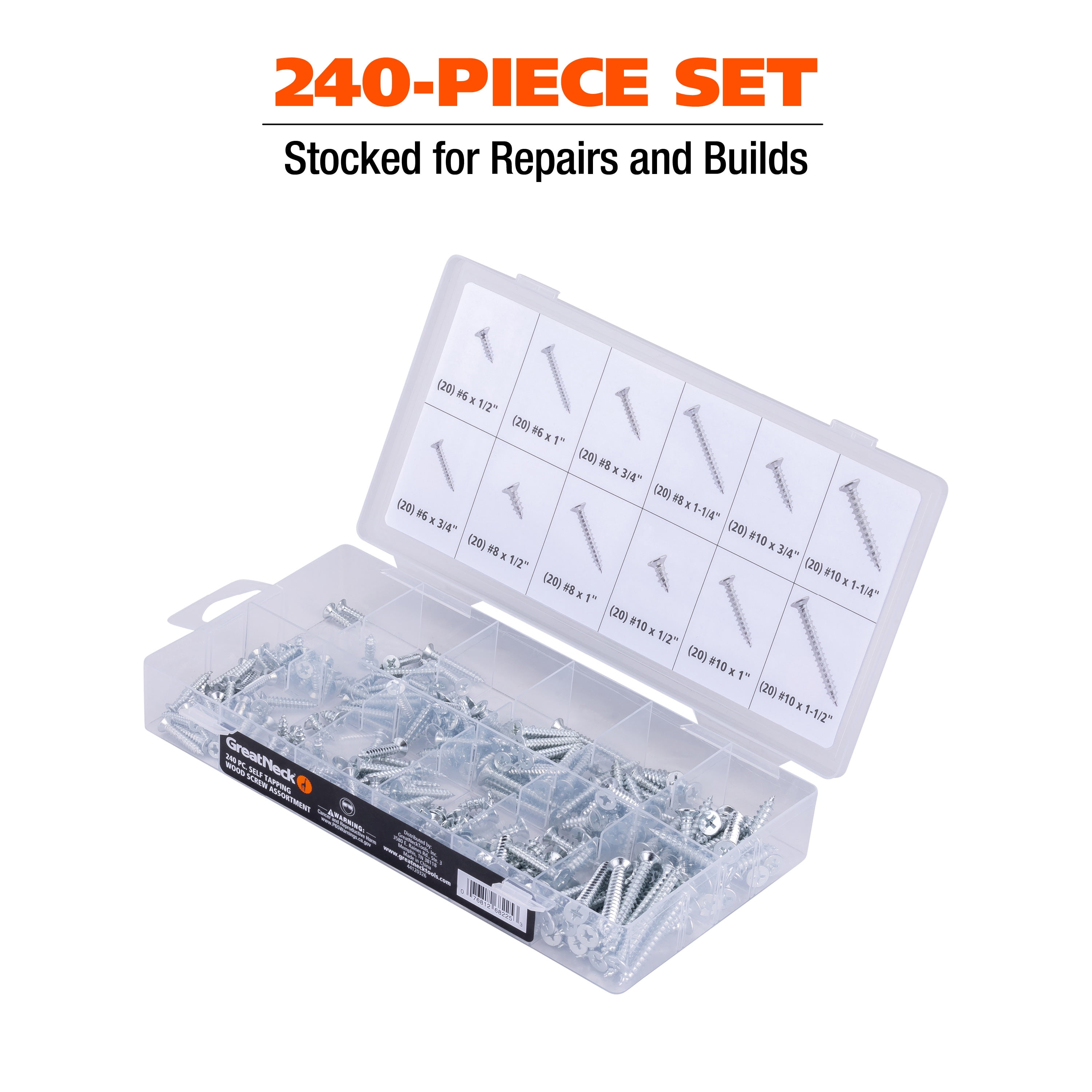 Great Neck Tools Self Tapping Wood Screw Assortment, 240 Piece Set