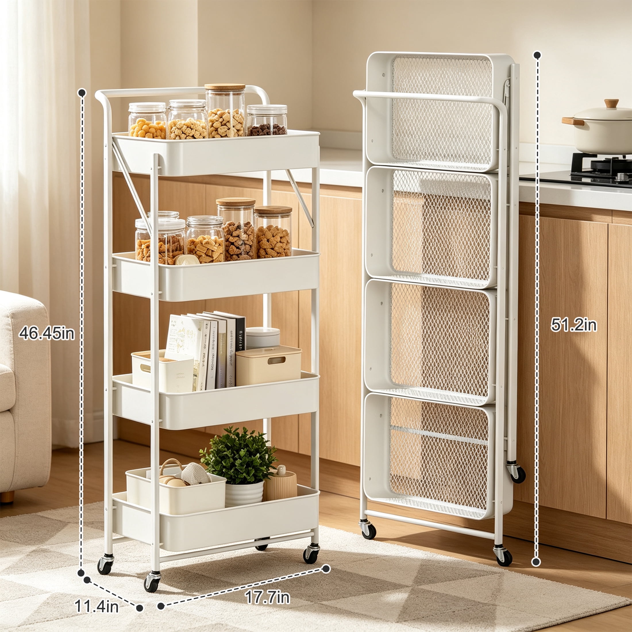CISILOV 4-Tier Foldable Rolling Storage Cart, Mobile Utility Cart with Wheels & Handle, Metal Mesh Organizer Cart for Kitchen, Bathroom, Living Room, Bedroom, White
