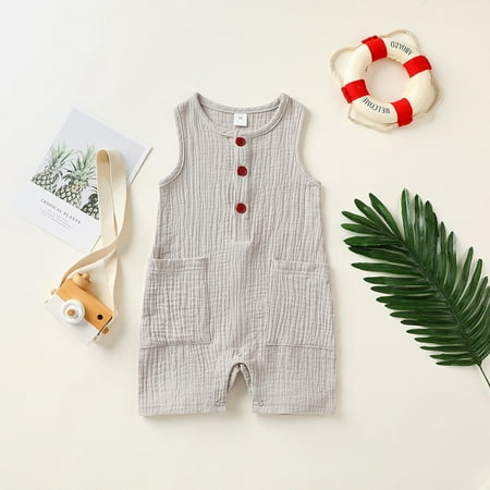 

DENGDENG Baby Unisex Infant Pocket Rompers Solid Bodysuit Summer Full Linen Sleeveless Outfits
