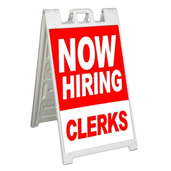 Now Hiring Clerks (24" X 36") Standard A-Frame Signicade, Includes Decal Applied To Stand