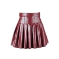 thumbnail image 3 of Seyurigaoka Women Juniors Solid Color Pleated Skirt, High Waist PU Leather Short Skirt, 3 of 6