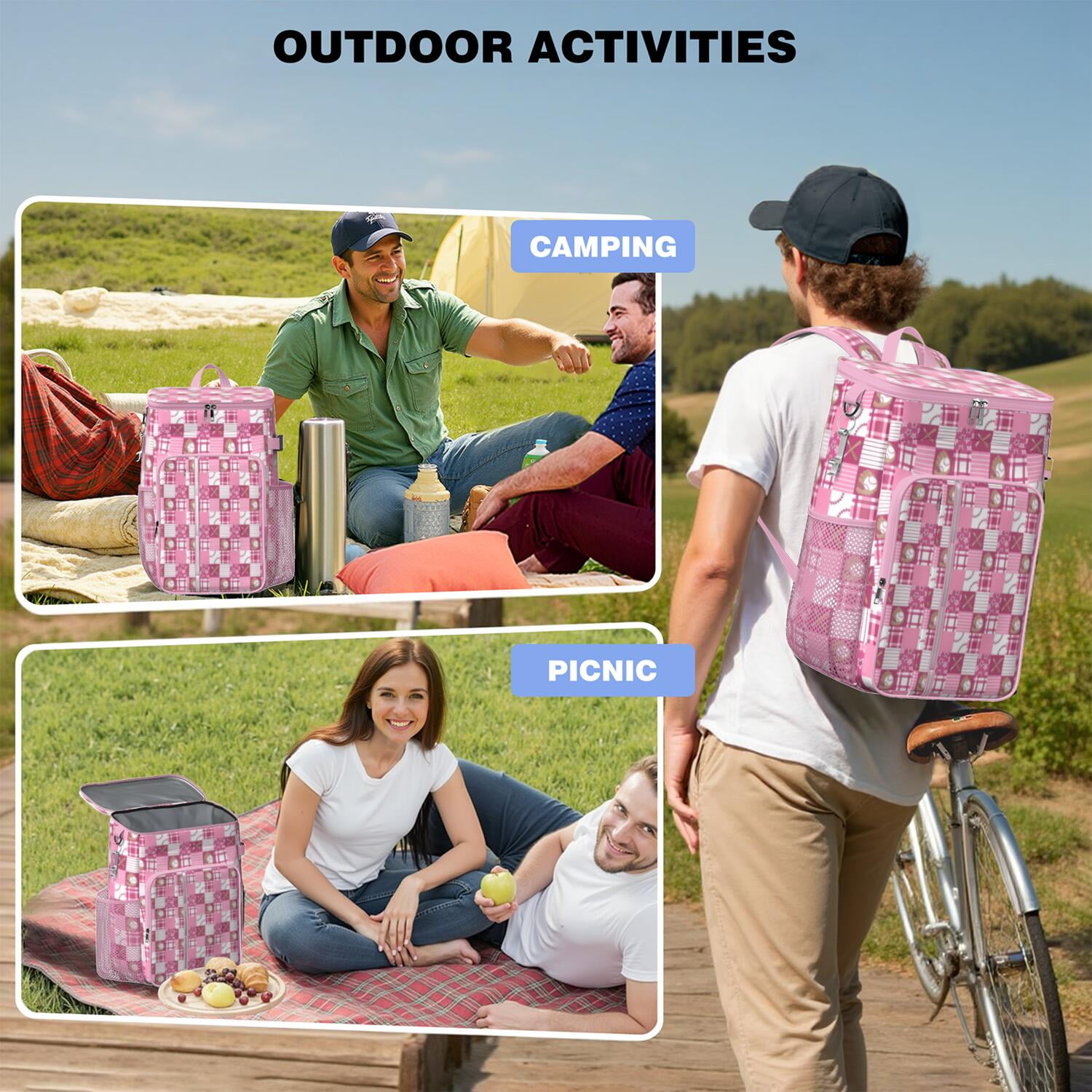 Travel Cooler Bag - Pink Plaid Baseball Pattern Camping Beer Cooler Backpack with Bottle Opener- Waterproof Insulated Picnic Backpacks - Cooler Bag for Beach