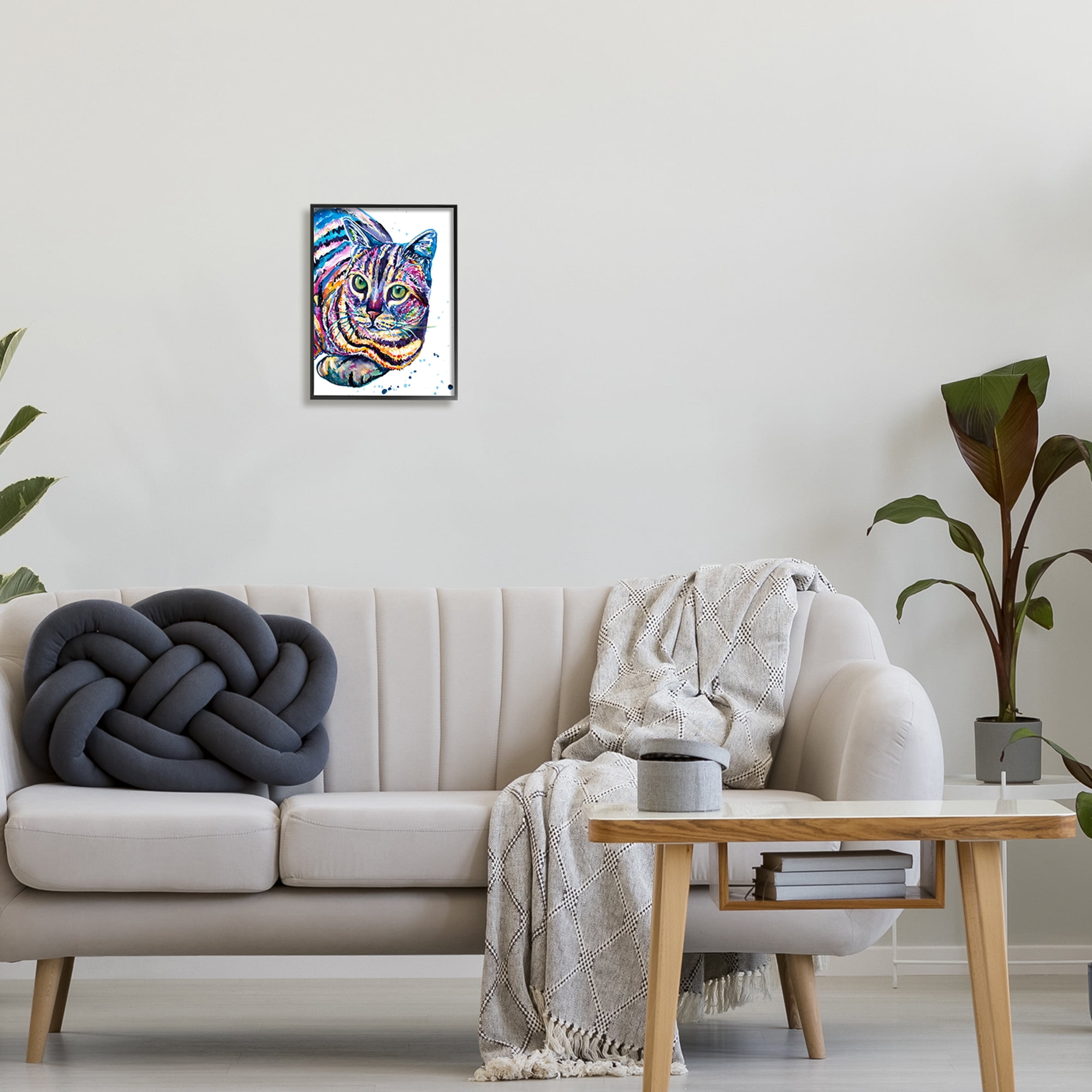 Stupell Fun Striped Rainbow Cat Portrait Animals & Insects Painting Black Framed Art Print Wall Art