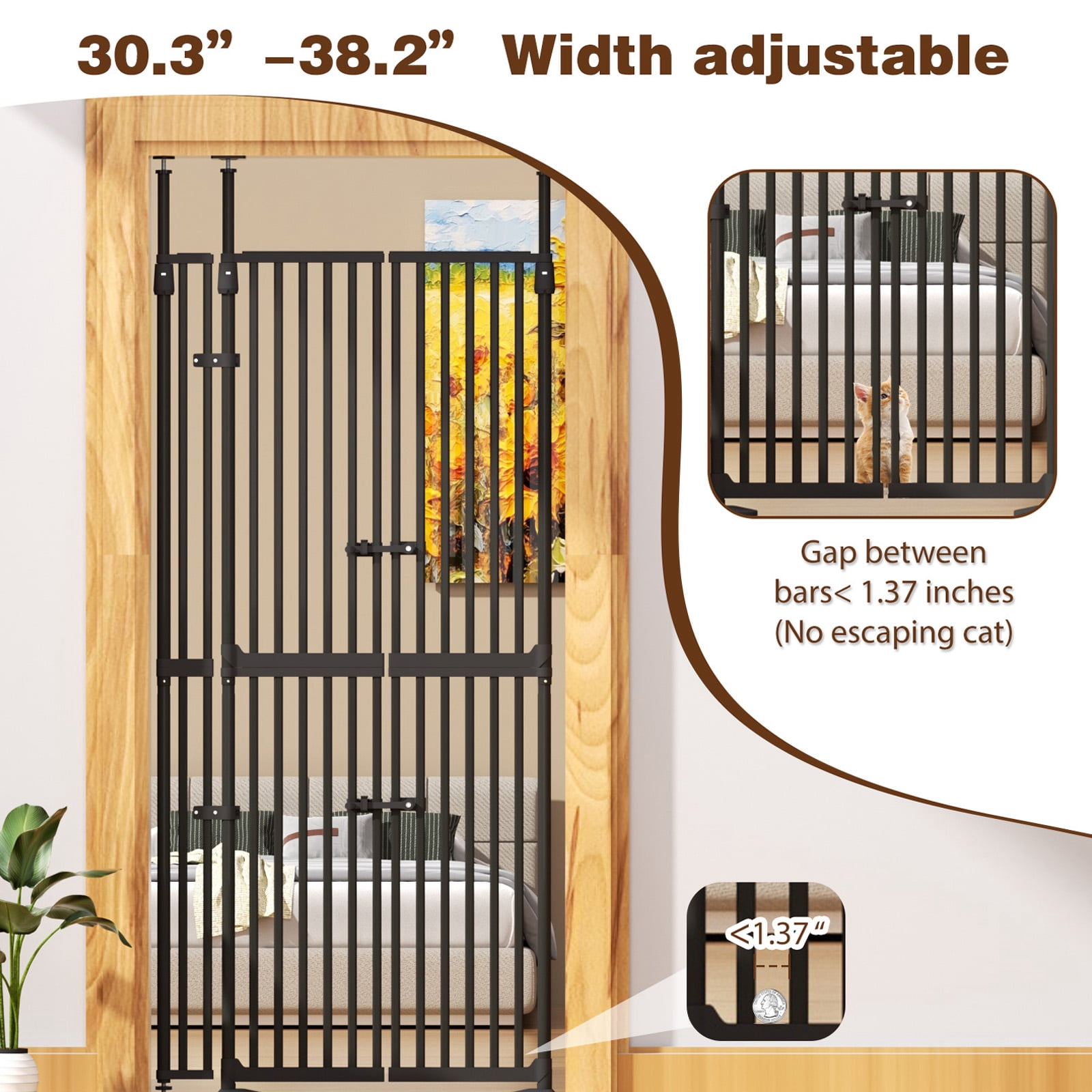 XJD 71" Extra Tall Cat Gate – Fits 30.31"-38.2" Wide Openings, Auto-Close, Narrow 1.37" Gaps, No-Drill Pressure Mount, Double Opening Design Pet Gate, White