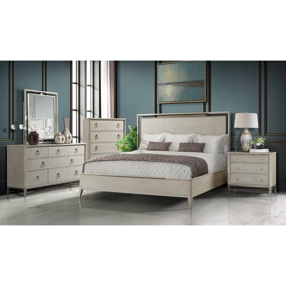 Mantalia Solid Wood Bedroom Set with Metal Frame, King Bed, Dresser, Mirror, Nightstand, and Chest, Champagne